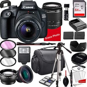 canon eos 4000d dslr camera with 18-55mm f/3.5-5.6 zoom lens , 64gb memory,case, tripod and more (28pc bundle) (renewed)