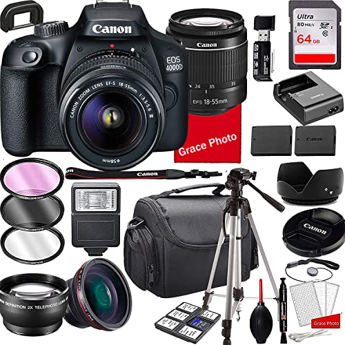 Canon EOS 4000D DSLR Camera with 18-55mm f/3.5-5.6 Zoom Lens , 64GB Memory,Case, Tripod and More (28pc Bundle) (Renewed)