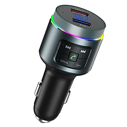 Upgraded Bluetooth FM Transmitter for Car, Auto-Tune Bluetooth Car Adapter, 2 Microphones & QC3.0 Bluetooth Radio for Car/ Music Player/ Car Kit with Big Knob Button, 9 Colors LED Backlit