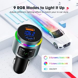 Upgraded Bluetooth FM Transmitter for Car, Auto-Tune Bluetooth Car Adapter, 2 Microphones & QC3.0 Bluetooth Radio for Car/ Music Player/ Car Kit with Big Knob Button, 9 Colors LED Backlit