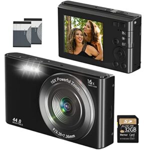 digital camera for kids teens boys girls adults 4k 44mp with 32gb sd card, 2.4 inch point and shoot camera with16x digital zoom, compact mini camera kids camera for students seniors（black1）