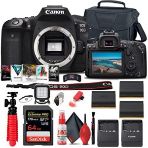 canon eos 90d dslr camera (body only) (3616c002) + 64gb memory card + case + corel photo software + 2 x lpe6 battery + charger + card reader + led light + flex tripod + more (renewed)
