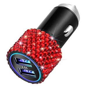 OTOSTAR Dual USB Car Charger, 4.8A Output, Bling Crystal Diamond Car Decorations Accessories Fast Charging Adapter for iPhones Android iOS, Samsung Galaxy, LG, Nexus, HTC (Red)