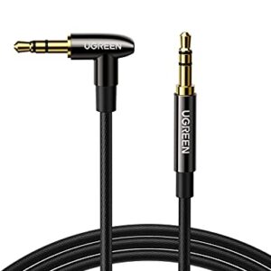 UGREEN 3.5mm Audio Cable Hi-Fi Sound Stereo Nylon Braided Male to Male Aux Cord 90 Degree Aux Cable Gold Plated Compatible with iPod iPad Tablets Headphone Speakers Home Car Stereos, 3FT