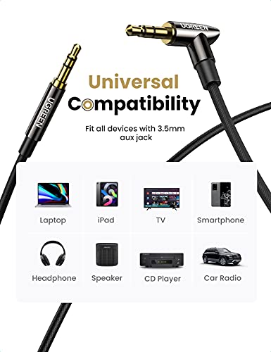 UGREEN 3.5mm Audio Cable Hi-Fi Sound Stereo Nylon Braided Male to Male Aux Cord 90 Degree Aux Cable Gold Plated Compatible with iPod iPad Tablets Headphone Speakers Home Car Stereos, 3FT