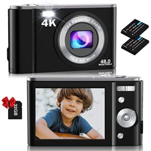 digital camera, nsoela 4k fhd 48mp kids camera with 32 gb card, compact point and shoot camera, 2.8″ lcd screen,16x digital zoom, portable mini kids camera for teens,students,children (black)