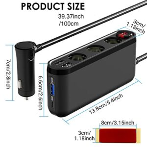 Cigarette Lighter Splitter 3 Socket, 200W Cigarette Lighter Adapter with 20W PD3.0 USB C Car Charger, 18W QC3.0 Voltmeter Switch Outlet 12V/24V for Mobile Phone GPS Dash Cam
