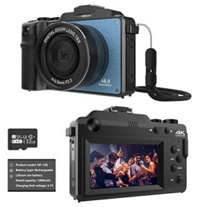 48mp digital camera for photography,4k camera with front and rear dual cameras,18x digital zoom,built-in 7 color filters,3.0-inch screen,32gb tf card,wrist strap & rechargeable battery(ultramarine)