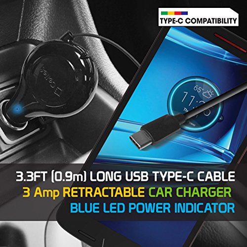 Cellet USB-C (Type-C) Retractable Car Charger, Fast Car Charger Compatible for Samsung Z Fold Z Flip Note 20 10 Galaxy S22 S21 S20 A71, A52, A51 LG Motorola Moto Google Pixel (USB-C 15 Watt)