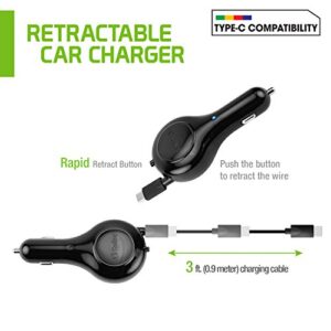 Cellet USB-C (Type-C) Retractable Car Charger, Fast Car Charger Compatible for Samsung Z Fold Z Flip Note 20 10 Galaxy S22 S21 S20 A71, A52, A51 LG Motorola Moto Google Pixel (USB-C 15 Watt)
