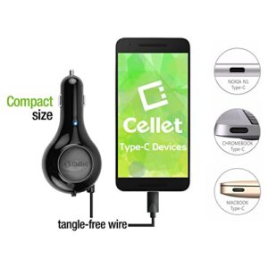 Cellet USB-C (Type-C) Retractable Car Charger, Fast Car Charger Compatible for Samsung Z Fold Z Flip Note 20 10 Galaxy S22 S21 S20 A71, A52, A51 LG Motorola Moto Google Pixel (USB-C 15 Watt)