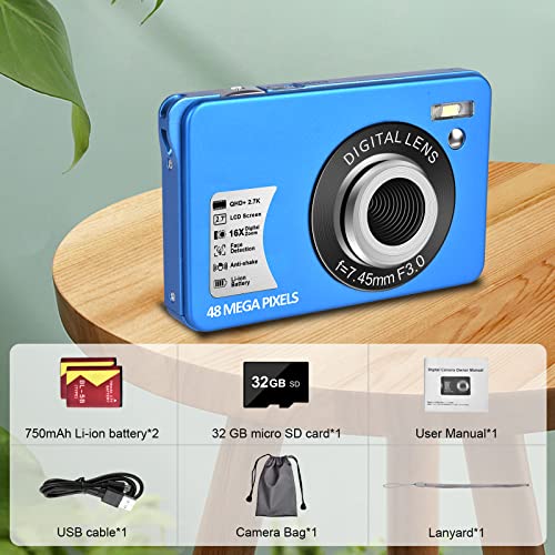 Digital Camera for Kids, 2.7K Digital Camera for Teens, Boys and Girls, 16X Digital Zoom Camera with 32GB SD Card and 2 Batteries (Blue)