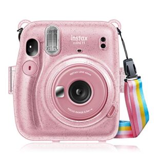 fintie protective clear case for fujifilm instax mini 11 instant film camera – crystal hard shell cover with removable rainbow shoulder strap, glittering pink
