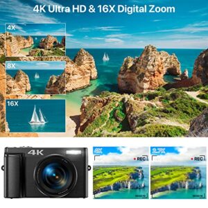 Vlogging Camera, 4K 48MP Digital Camera for Photography with 3” 180 Degree Flip Screen, Autofocus Vlogging Camera for YouTube with 16X Digital Zoom, 32G SD Card, 2 Batteries & Battery Charger