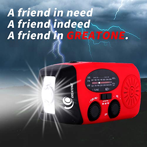 GREATONE Weather Radio Emergency Hand Crank Self Powered AM/FM NOAA Solar Portable Camping Weather Radio with LED Flashlight，2000mah Portable Charge for Phone Survival Pack 071 (red)