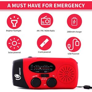 GREATONE Weather Radio Emergency Hand Crank Self Powered AM/FM NOAA Solar Portable Camping Weather Radio with LED Flashlight，2000mah Portable Charge for Phone Survival Pack 071 (red)