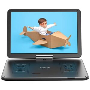 iegeek 17.5″ portable dvd player with 15.6″ swivel hd large screen, 6 hrs 5000mah rechargeable battery, high volume speaker, support usb/sd card/sync tv, car charger, remote control, region-free