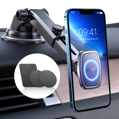 LISEN Magnetic Phone Holder for Car Mount Universal Dashboard Windshield Magnet Car Phone Holder Mount Industrial-Strength Suction Cup Car Magnet Phone Mount for Cell Phone & All Tablets (Black)