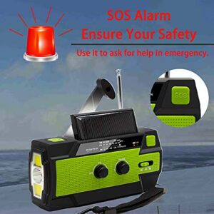 【Upgraded】 Emergency Weather Radio, Hand Crank, 4000mAH, Portable, Solar Charging, with AM/FM/NOAA, 3 LED Flashlights, Motion Sensor, Reading Lamp, SOS Alarm, Rechargeable (Green)