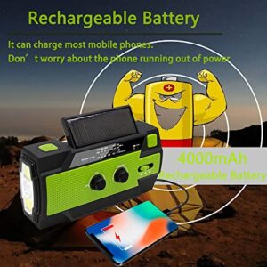 【Upgraded】 Emergency Weather Radio, Hand Crank, 4000mAH, Portable, Solar Charging, with AM/FM/NOAA, 3 LED Flashlights, Motion Sensor, Reading Lamp, SOS Alarm, Rechargeable (Green)