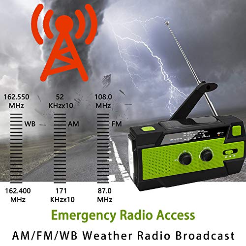 【Upgraded】 Emergency Weather Radio, Hand Crank, 4000mAH, Portable, Solar Charging, with AM/FM/NOAA, 3 LED Flashlights, Motion Sensor, Reading Lamp, SOS Alarm, Rechargeable (Green)