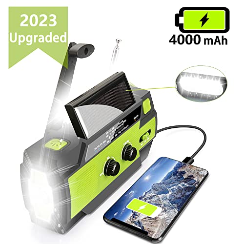 【Upgraded】 Emergency Weather Radio, Hand Crank, 4000mAH, Portable, Solar Charging, with AM/FM/NOAA, 3 LED Flashlights, Motion Sensor, Reading Lamp, SOS Alarm, Rechargeable (Green)