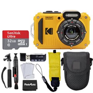 kodak pixpro wpz2 digital camera + 32gb microsdhc card + black point & shoot case + floating wrist strap for underwater/waterproof cameras + accessories (yellow)
