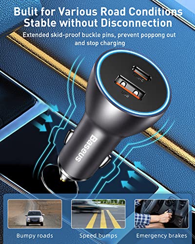 Baseus USB C Car Charger, 60W PPS QC3.0&PD3.0 PD27W Type C Car Charger, Dual Port Independent Fast Charging Phone Car Charger for iPhone 14/13/12/11Pro Max XS X, Samsung S22/S21 Ultra, iPad Pro/Air