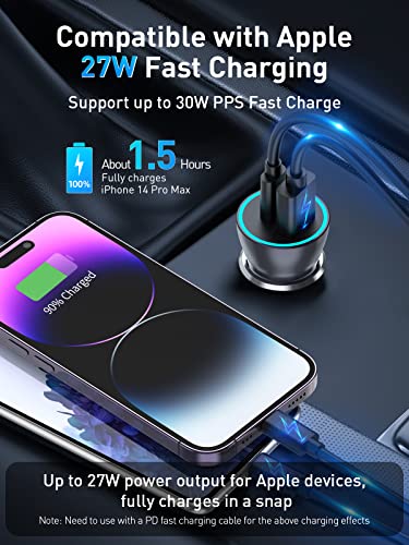 Baseus USB C Car Charger, 60W PPS QC3.0&PD3.0 PD27W Type C Car Charger, Dual Port Independent Fast Charging Phone Car Charger for iPhone 14/13/12/11Pro Max XS X, Samsung S22/S21 Ultra, iPad Pro/Air