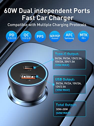 Baseus USB C Car Charger, 60W PPS QC3.0&PD3.0 PD27W Type C Car Charger, Dual Port Independent Fast Charging Phone Car Charger for iPhone 14/13/12/11Pro Max XS X, Samsung S22/S21 Ultra, iPad Pro/Air