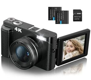 4k digital camera, 48mp autofocus video camera with 3″ 180°flip screen 32gb sd card, 16x digital zoom, compact recorder vlogging cameras for youtube with built-in mic, 2 batteries for beginners
