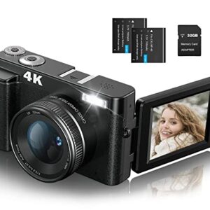 4K Digital Camera, 48MP Autofocus Video Camera with 3" 180°Flip Screen 32GB SD Card, 16X Digital Zoom, Compact Recorder Vlogging Cameras for YouTube with Built-in Mic, 2 Batteries for Beginners