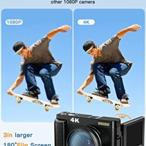 4K Digital Camera, 48MP Autofocus Video Camera with 3" 180°Flip Screen 32GB SD Card, 16X Digital Zoom, Compact Recorder Vlogging Cameras for YouTube with Built-in Mic, 2 Batteries for Beginners