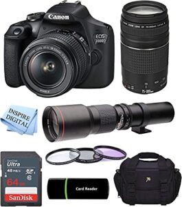 inspire digital canon eos rebel 2000d dslr camera with 18-55mm is ii lens bundle + canon ef 75-300mm f/4-5.6 iii lens and 500mm preset lens + 64gb memory + filters + paded case (renewed)