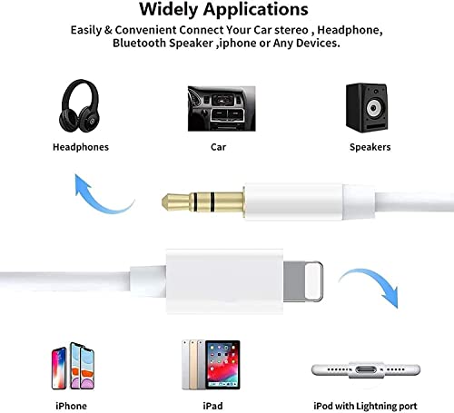 iPhone Aux Cord for car, [Apple MFi Certified] 3.3ft Lightning to 3.5mm Aux Audio Auxiliary Cable,Home Stereo, Speaker, Headphone Compatible with iPhone 13/12/11/XS/XR/X/8/7/iPad (White)