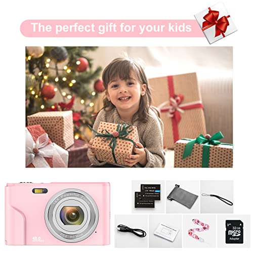 Digital Baby Camera for Kids Teens Boys Girls Adults,1080P 48MP Kids Camera with 32GB SD Card,2.4 Inch Kids Digital Camera with 16X Digital Zoom, Compact Mini Camera Kid Camera for Kids/Student（Pink）