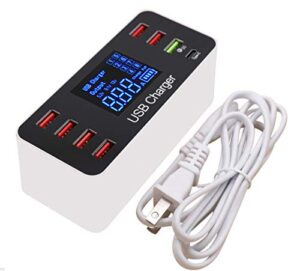 multi usb 8-port smart fast desktop hub wall charger charging station quick charge 3.0 usb type c port with led display compatible with apple samsung android smart phone, tablet, nintendo switch games