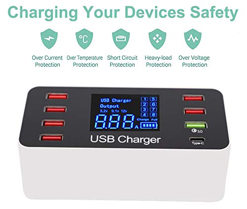 Multi USB 8-Port Smart Fast Desktop Hub Wall Charger Charging Station Quick Charge 3.0 USB Type C Port With LED Display Compatible with Apple Samsung Android Smart Phone, Tablet, Nintendo Switch Games