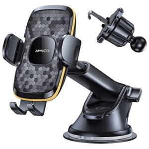 apps2car windshield phone mount for car, 3-in-1 universal hook vent dashboard suction cup phone holder for car/truck/suv compatible with 4-6.5” phone, iphone 13/12 series/samsung and more