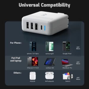 USB C Charger 40W, Amlink 4 Port USB Wall Charger, QC 3.0 Fast Charging Block, USB Charger with Foldable Plug Power Adapter for iPhone 14/14 Pro/14 Pro Max/13/13Pro, iPad, Airpods, Galaxy, Note, Pixel