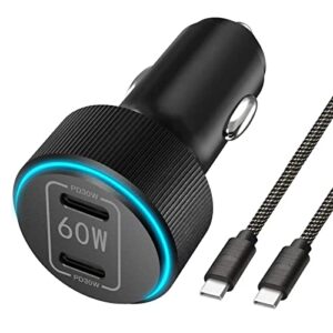 dual usb c super fast car charger, grnlfff 60w dual pd 30w all-metal adapter compatible with iphone 14/13/12/pro/pro max, ipad pro, samsung galaxy s22 ultra with 4ft fast type c to c cable