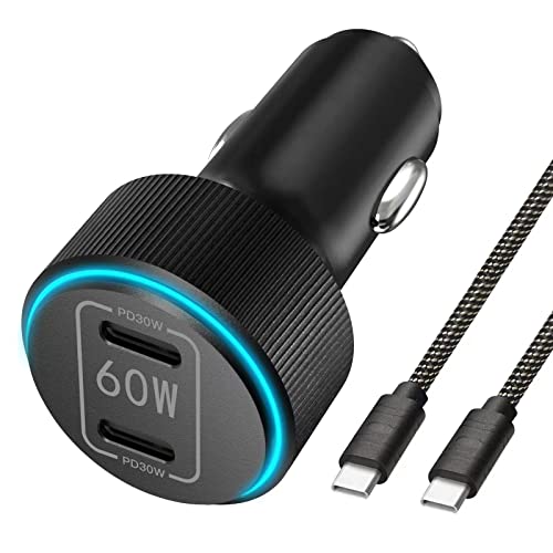 Dual USB C Super Fast Car Charger, GRNLFFF 60W Dual PD 30W All-Metal Adapter Compatible with iPhone 14/13/12/pro/pro max, iPad Pro, Samsung Galaxy S22 Ultra with 4FT Fast Type C to C Cable