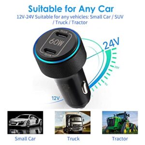 Dual USB C Super Fast Car Charger, GRNLFFF 60W Dual PD 30W All-Metal Adapter Compatible with iPhone 14/13/12/pro/pro max, iPad Pro, Samsung Galaxy S22 Ultra with 4FT Fast Type C to C Cable