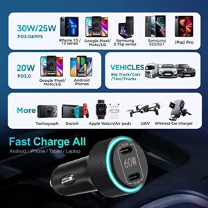 Dual USB C Super Fast Car Charger, GRNLFFF 60W Dual PD 30W All-Metal Adapter Compatible with iPhone 14/13/12/pro/pro max, iPad Pro, Samsung Galaxy S22 Ultra with 4FT Fast Type C to C Cable