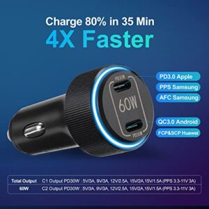 Dual USB C Super Fast Car Charger, GRNLFFF 60W Dual PD 30W All-Metal Adapter Compatible with iPhone 14/13/12/pro/pro max, iPad Pro, Samsung Galaxy S22 Ultra with 4FT Fast Type C to C Cable