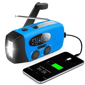 daringsnail emergency hand crank radio with led flashlight for emergency, am/fm portable weather radio with 2000mah power bank phone charger, usb charged & solar power for camping, emergency(blue)