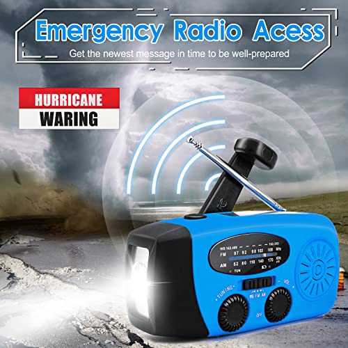 DaringSnail Emergency Hand Crank Radio with LED Flashlight for Emergency, AM/FM Portable Weather Radio with 2000mAh Power Bank Phone Charger, USB Charged & Solar Power for Camping, Emergency(Blue)