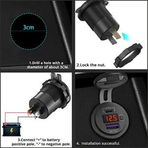 12V USB C Car Charger Socket, Ouffun Dual PD & QC 3.0 Ports 12V USB Car Outlet Adapter with Button Switch, lPhone Fast Charger with 23.7 Inches Wire for Car Boat Marine Bus Golf Cart RV Motorcycle