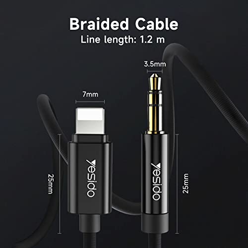 YESIDO Aux Cord for iPhone, 3.5mm Aux Cable for Car, Headphone, Speaker and Home Stereo, Compatible with iPhone 13/12/11/XS/XR/X 8/iPad/iPod, Support iOS 15-1.2M/3.94ft(Black)