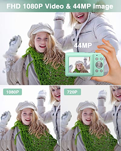 Digital Camera for Kids, Lecran 1080P 44MP Kids Camera with 32GB Card Point and Shoot Camera with 16X Zoom, Compact Portable Cameras Christmas Birthday Gift for Children Kids Teens Girl Boy(Green)